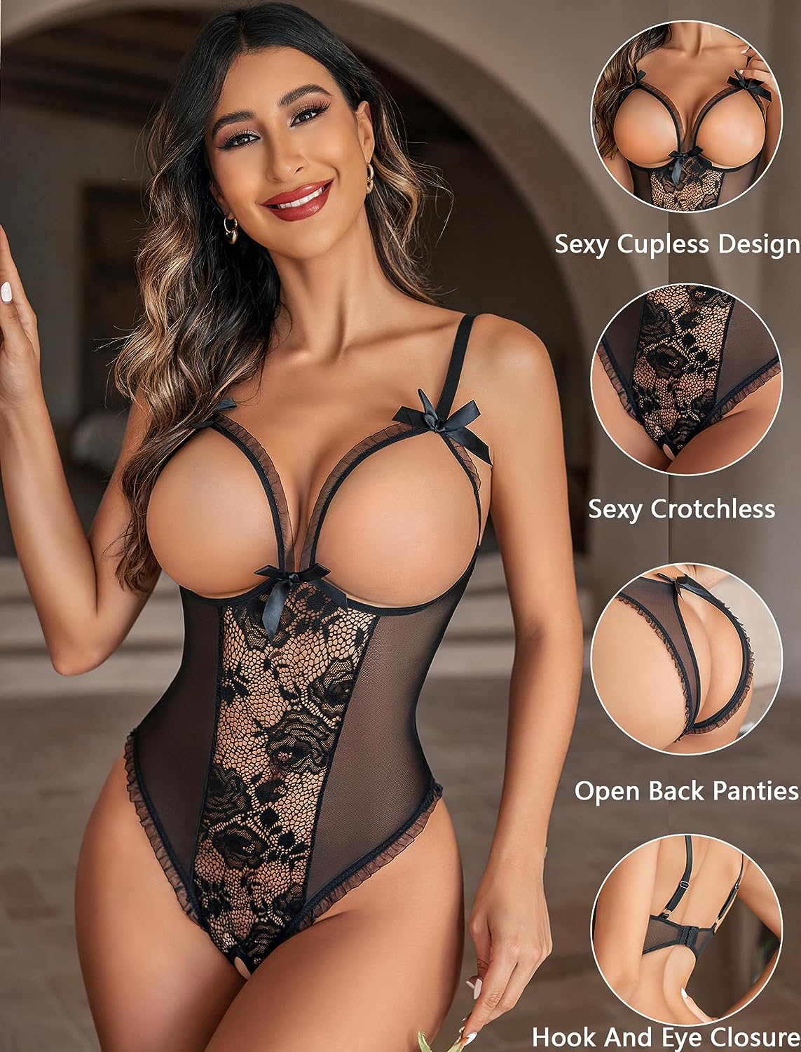 Avidlove Ouvert-Dessous-Outfits für einteilige Dessous, Spitze, Babydoll, Mini-Body 