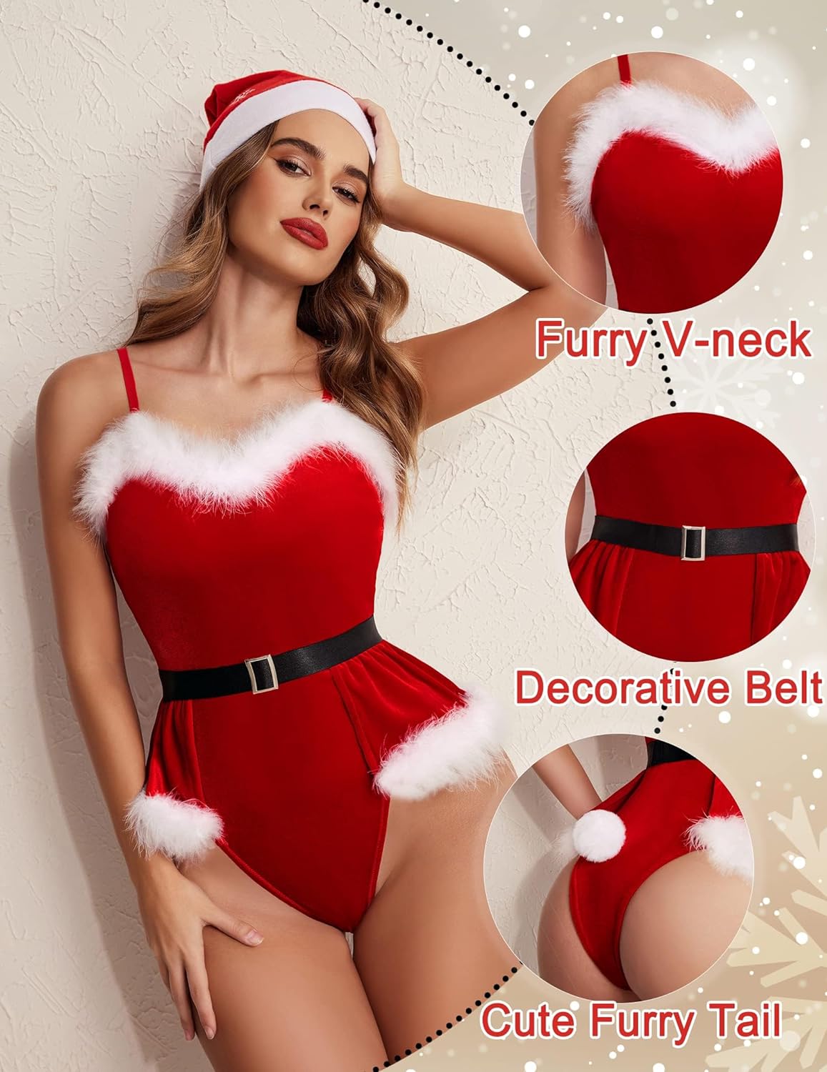 Lencería navideña Avidlove Babydoll de terciopelo Lencería con escote en V Lencería de Papá Noel con cinturón 