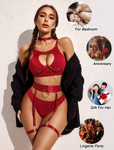 Conjunto de lencería Avidlove con aros, push up, conjunto de lencería bondage, conjunto de lencería de 5 piezas con tiras (sin medias) 