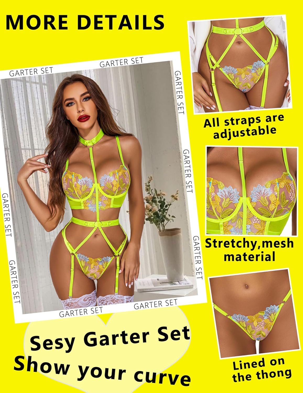 Avidlove Lingerie für bestickte Spitzen-Bügel-Riemchen-BH und Höschen-Set mit abnehmbarem Strumpfband 