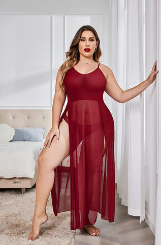 Avidlove Plus Size Kleid für Babydoll Mesh Maxi Nachthemd Riemchen Exotische Nachtwäsche Seitenschlitze 