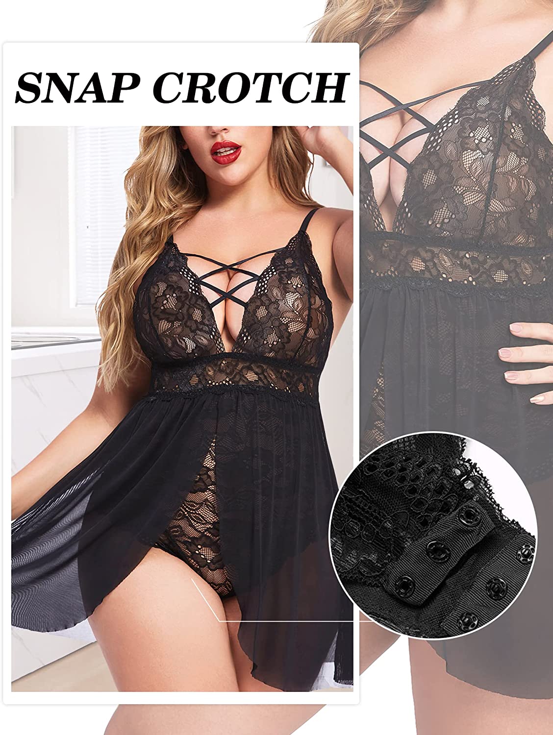 Avidlove Plus Size Babydoll Snap Crotch Lingerie V Neck Lace Nighty Sleepwear L-4XL