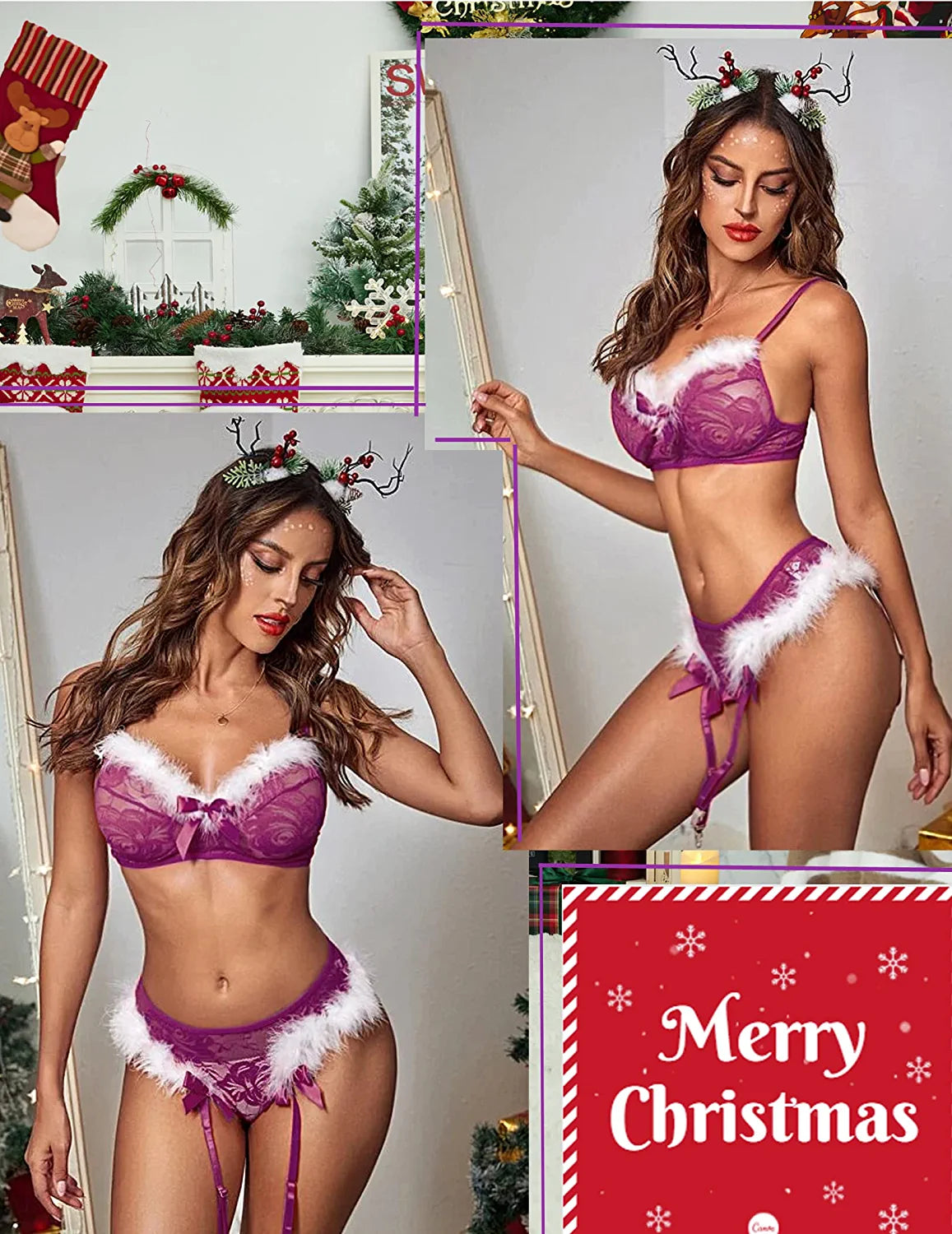 Avidlove Weihnachtsdessous, zweiteilig, Weihnachtsmann-BH und Höschen mit Strumpfhalter-Set, rotes Spitzen-Babydoll 