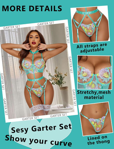 Avidlove Lingerie für bestickte Spitzen-Bügel-Riemchen-BH und Höschen-Set mit abnehmbarem Strumpfband 