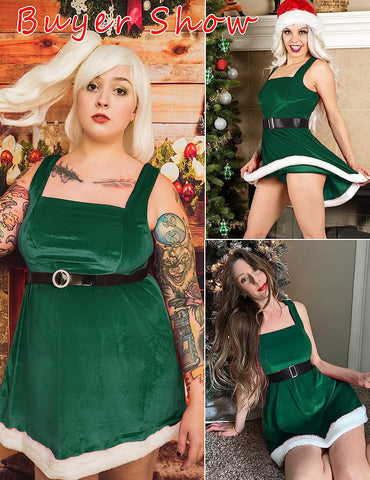 Avidlove Weihnachtskleid, Weihnachtsmann-Samt, A-Linien-Kleid mit Gürtel, Babydoll-Dessous 