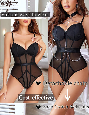 Avidlove Underwire Top Mesh Teddy Bodysuits Snap Crotch Lingerie with Choker Chain S-XXL