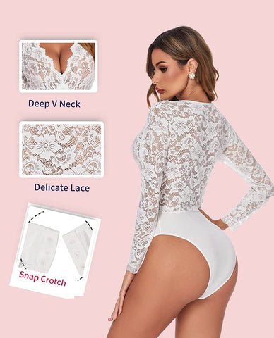 Avidlove Spitzen-Bodysuit mit kurzen Ärmeln, tiefer V-Ausschnitt, Druckknopfverschluss im Schritt, Clubwear-Oberteile, S-XXL