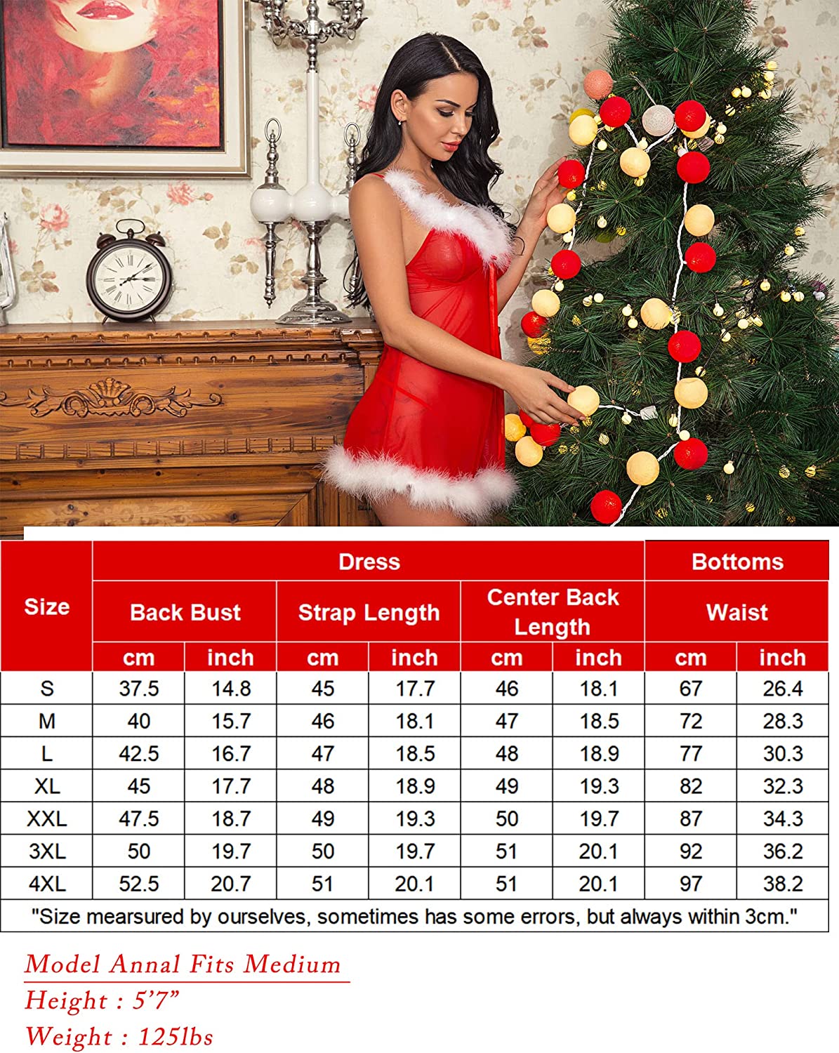 Avidlove Weihnachts-Dessous, Weihnachtsmann-Kleid, rotes Babydoll, Spitzenhemd 