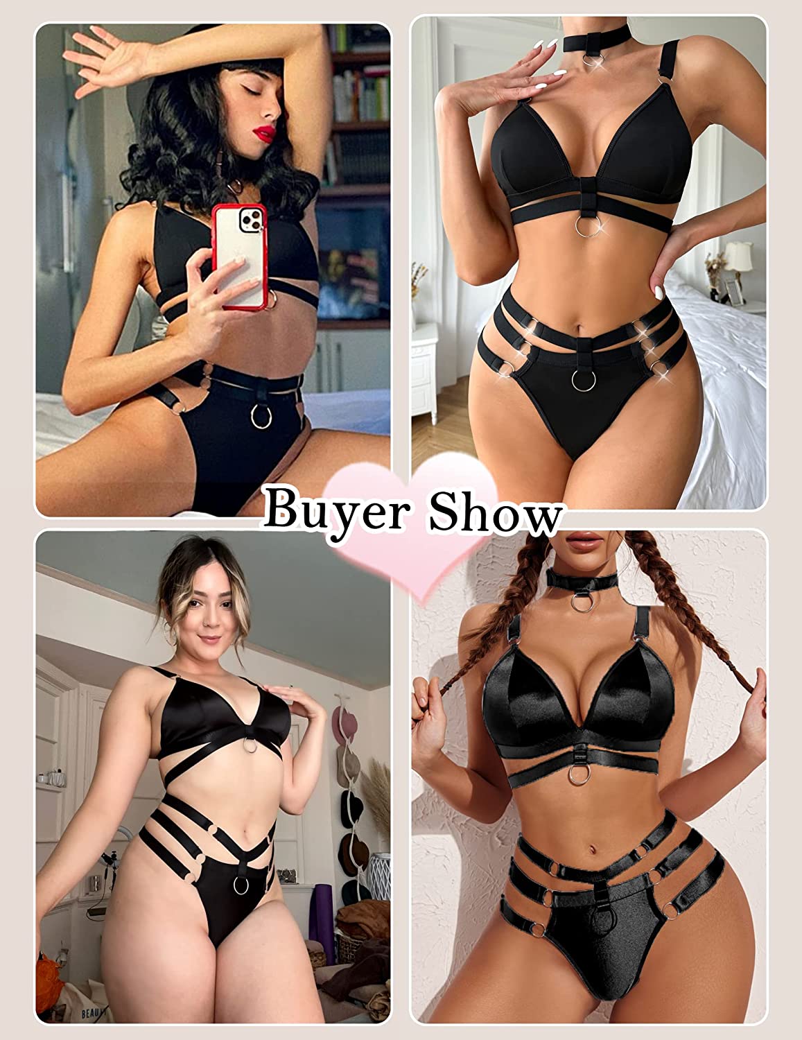 Avidlove Dessous-Set für O-Ring-verbundene, ausgeschnittene Choker-BHs und Höschen-Set, Bondage-Dessous, 3-teilig 