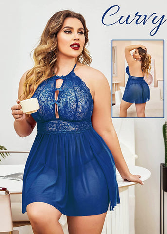 Avidlove Plus Size Dessous für Spitzen-Babydoll-Trägerhemd Neckholder Mesh Nachtwäsche Bandage 