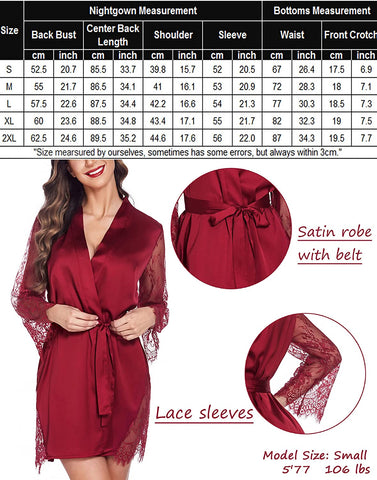 Avidlove Satin Kimono Robes Silk Nightgowns Lace Sleeve Babydoll Lingerie Set