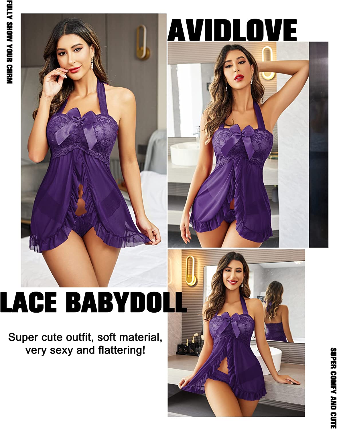 Lencería Avidlove para babydoll de encaje con abertura frontal, ropa de dormir con cuello halter, camisón Chemsie XS-5XL 