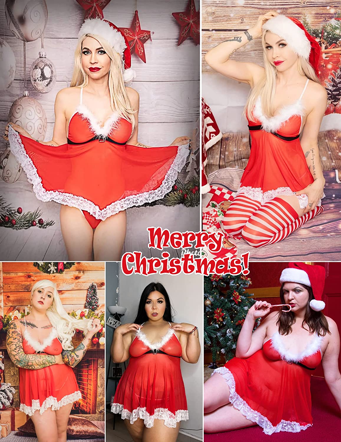 Conjunto de camisones tipo babydoll con Papá Noel rojo y lencería navideña de Avidlove 