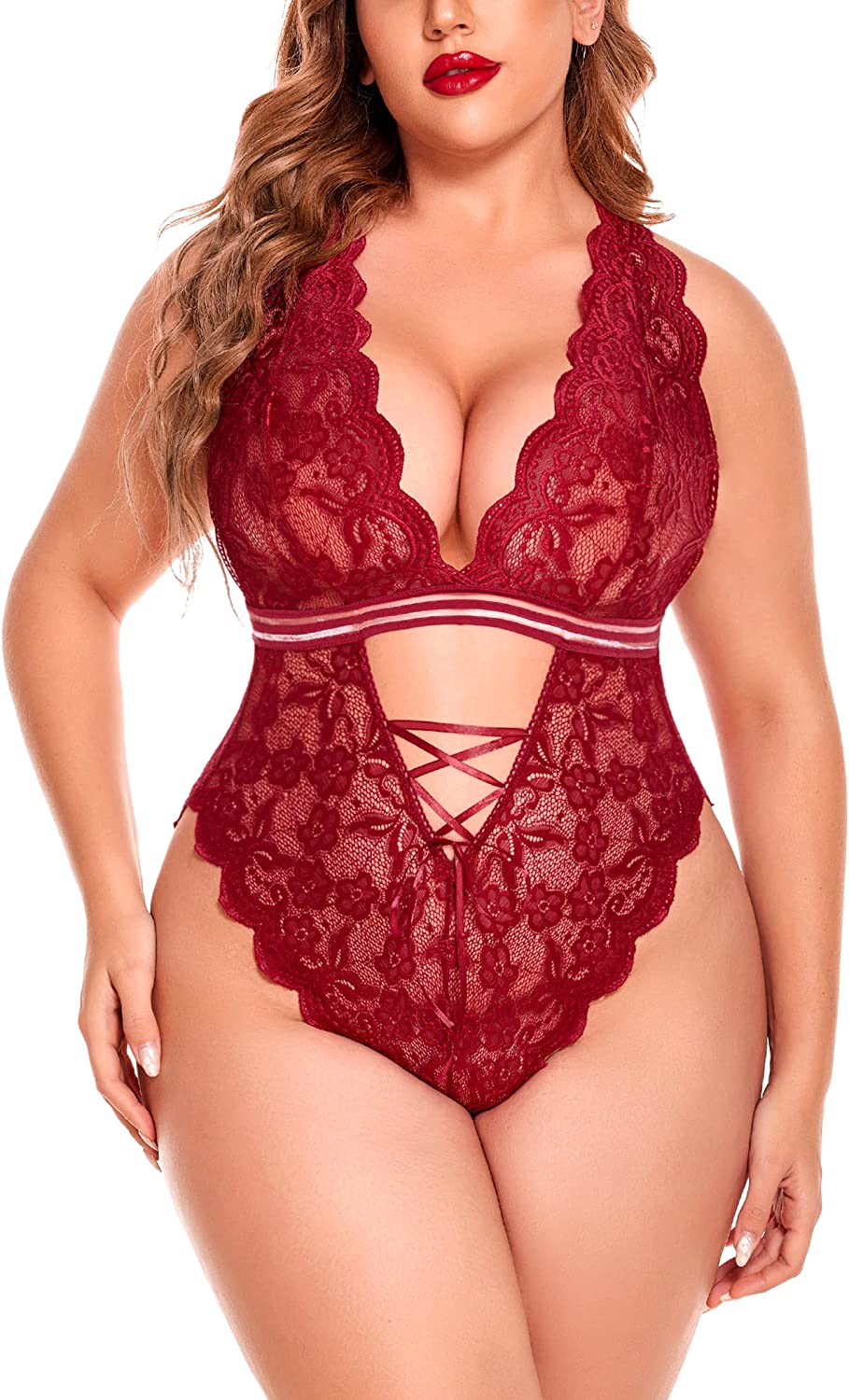 Avidlove Dessous in Übergröße, Teddy-Bodysuit mit Druckknopfverschluss im Schritt, einteilig, Babydoll aus Spitze, 14–24 Plus 