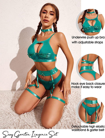 Conjunto de lencería Avidlove con aros, push up, conjunto de lencería bondage, conjunto de lencería de 5 piezas con tiras (sin medias) 