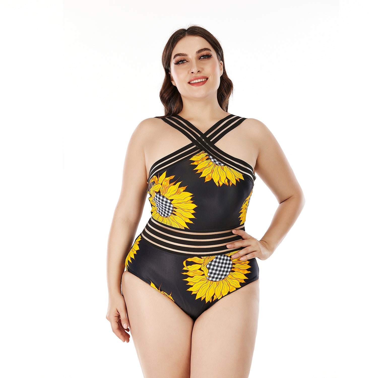 Traje de baño de una pieza de talla grande con diseño de girasol