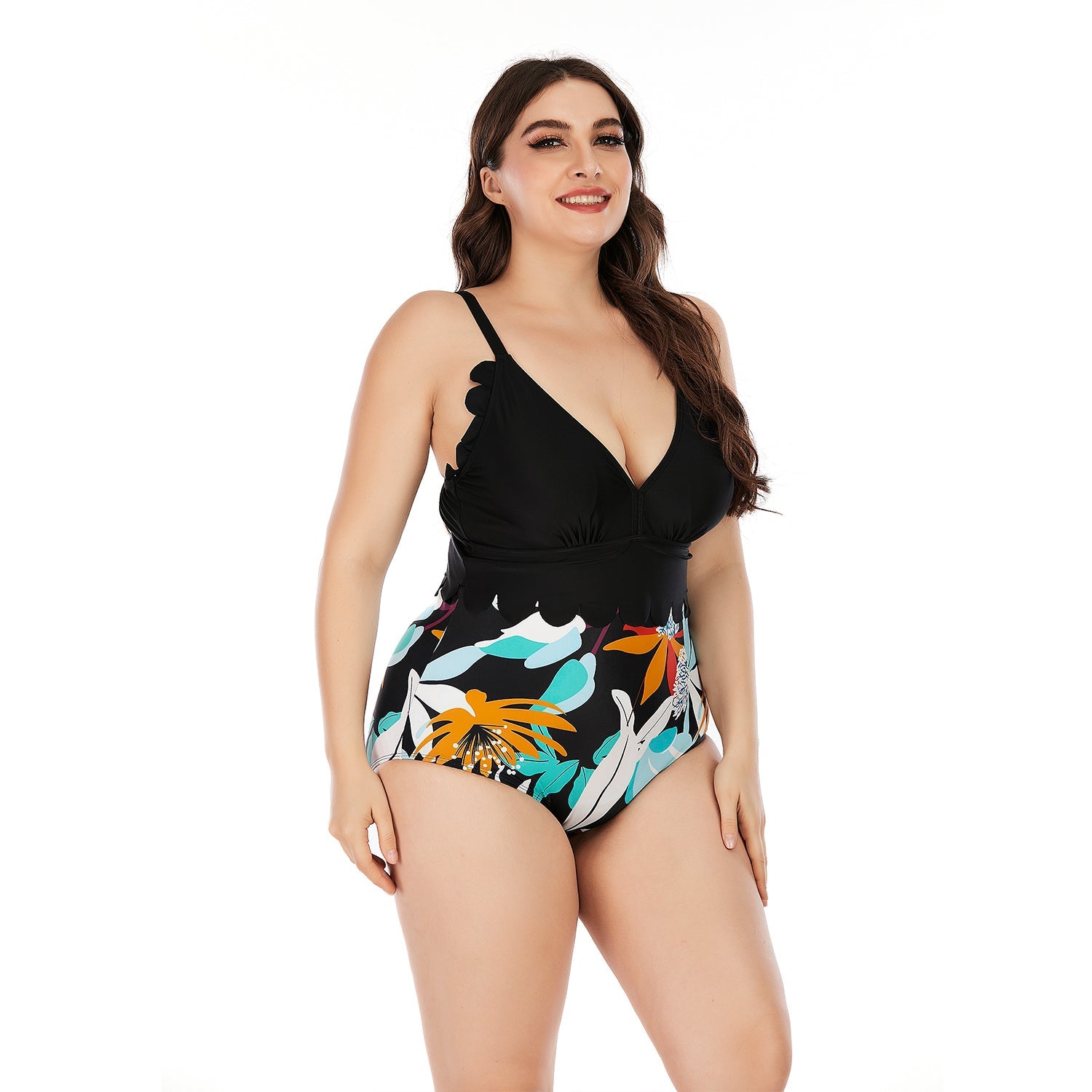 SiySiy Plus Size Swimsuit with Shorts Wavy Two Piece Swimsuit Floral Print Swimwear