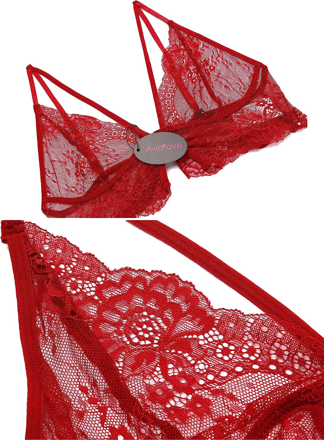 Avidlove Garter Lingerie Set Eyelash Lace Strappy Bra and Panty 3 piece Boudoir Outfits