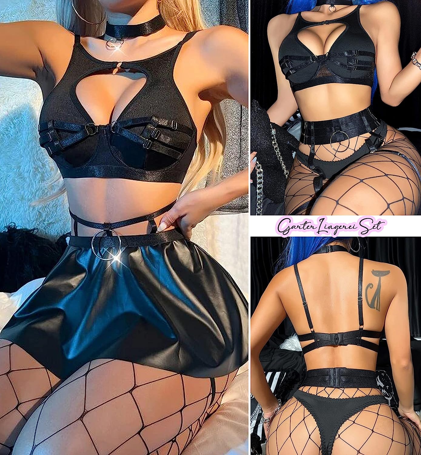 Conjunto de lencería Avidlove con aros, push up, conjunto de lencería bondage, conjunto de lencería de 5 piezas con tiras (sin medias) 