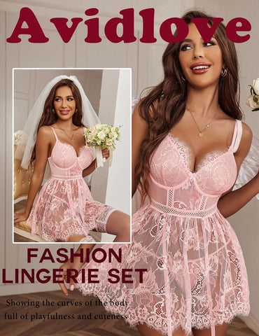 Lencería Avidlove para ropa de dormir tipo babydoll de encaje con liguero, vestido lencero tallas S a XXL