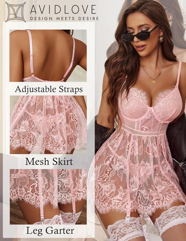 Avidlove Dessous für Spitzen-Babydoll, Nachtwäsche mit Strumpfhalter, Unterkleid, S-XXL