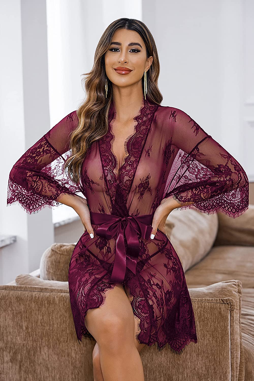 Avidlove - Bata tipo kimono de encaje, lencería tipo babydoll, camisón de malla, tallas S a 5XL 