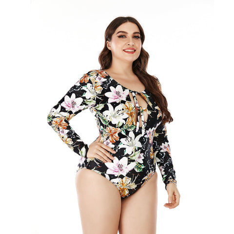 Plus Size Long Sleeve Rash Guard One Piece Printing Bathing Suits