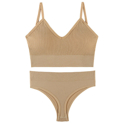 Smooth Comfortable French Triangle Cup Wireless Push-Up Bra & Underwear Set Tan