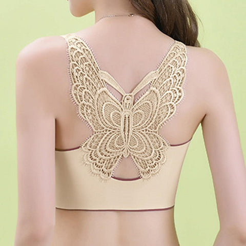Butterfly Lace Plus Size Wireless Bra Beige