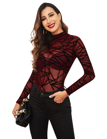 Body de manga larga Avidlove para cuello alto Body de malla transparente Mallas con estampado geométrico 