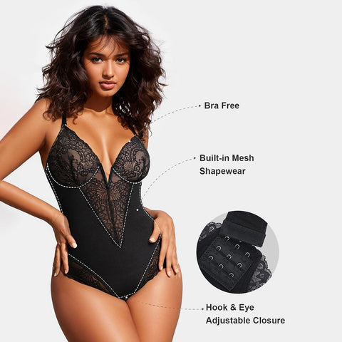 Deep-V Neck Lace Thong Bodysuit