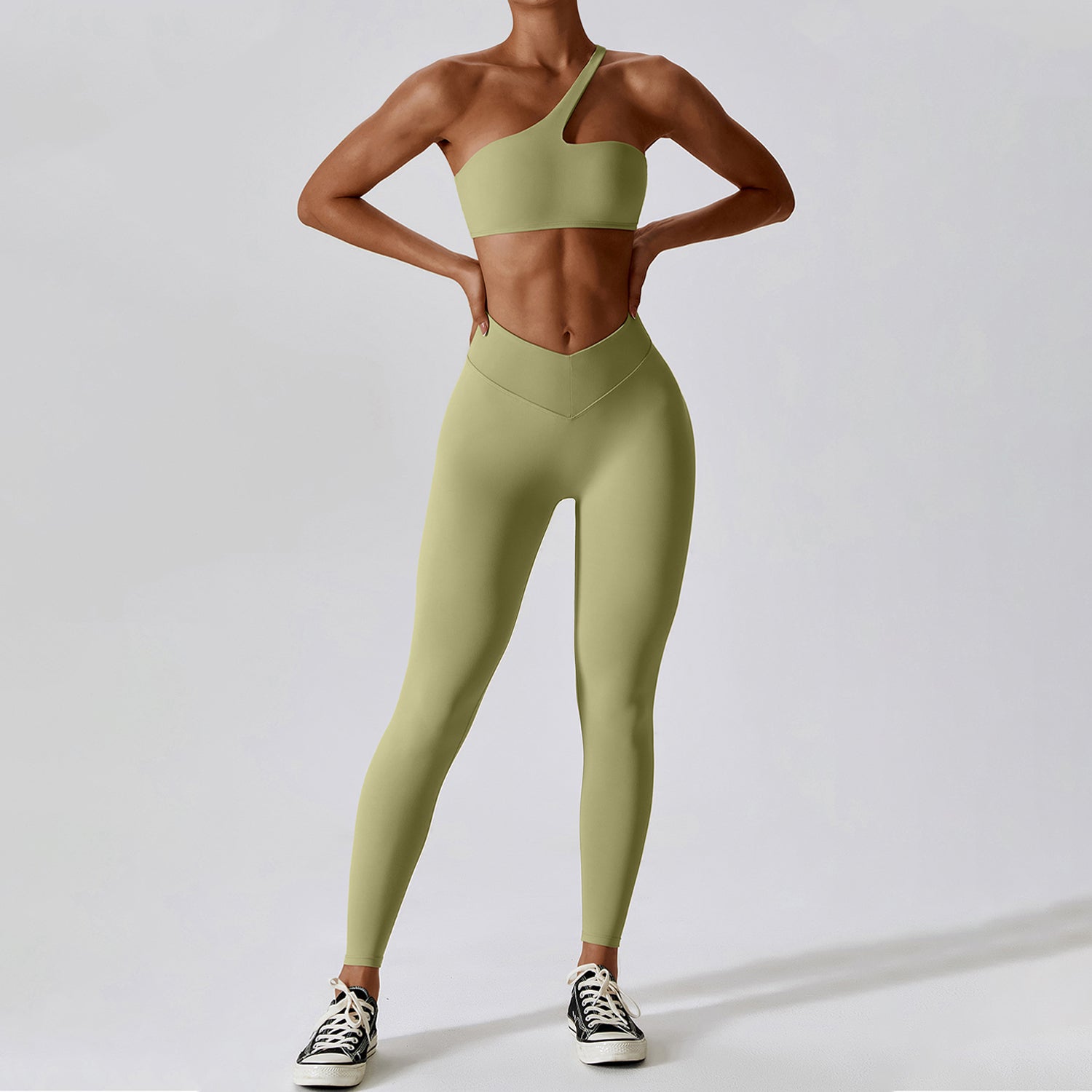 Unregelmäßiges One-Shoulder-Workout-BH- und Leggings-Set