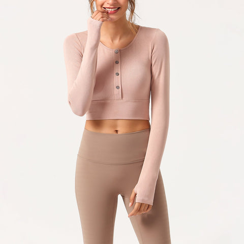 Button Long Sleeve Crop Top