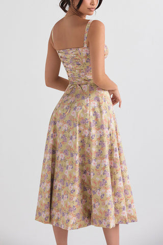 Floral Printed And Colorful Bustier Midi Sundress