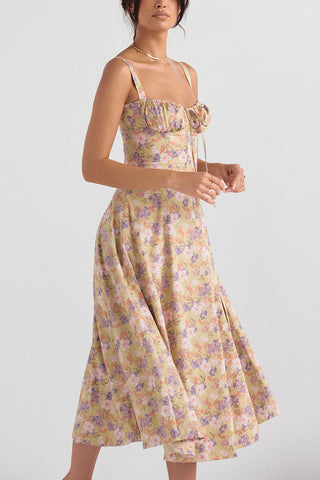 Floral Printed And Colorful Bustier Midi Sundress