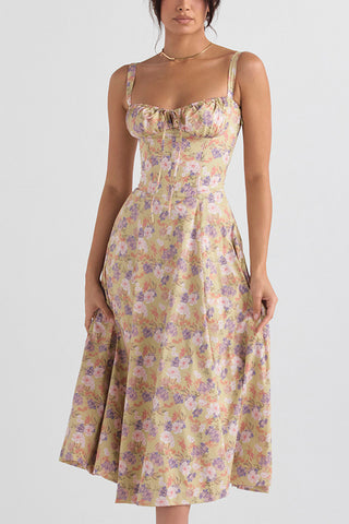 Floral Printed And Colorful Bustier Midi Sundress