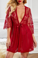 Red Lace Mesh Robe with Thong
