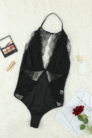 Sleeveless Black V Neck Crochet Lace Splicing Backless Bodysuit