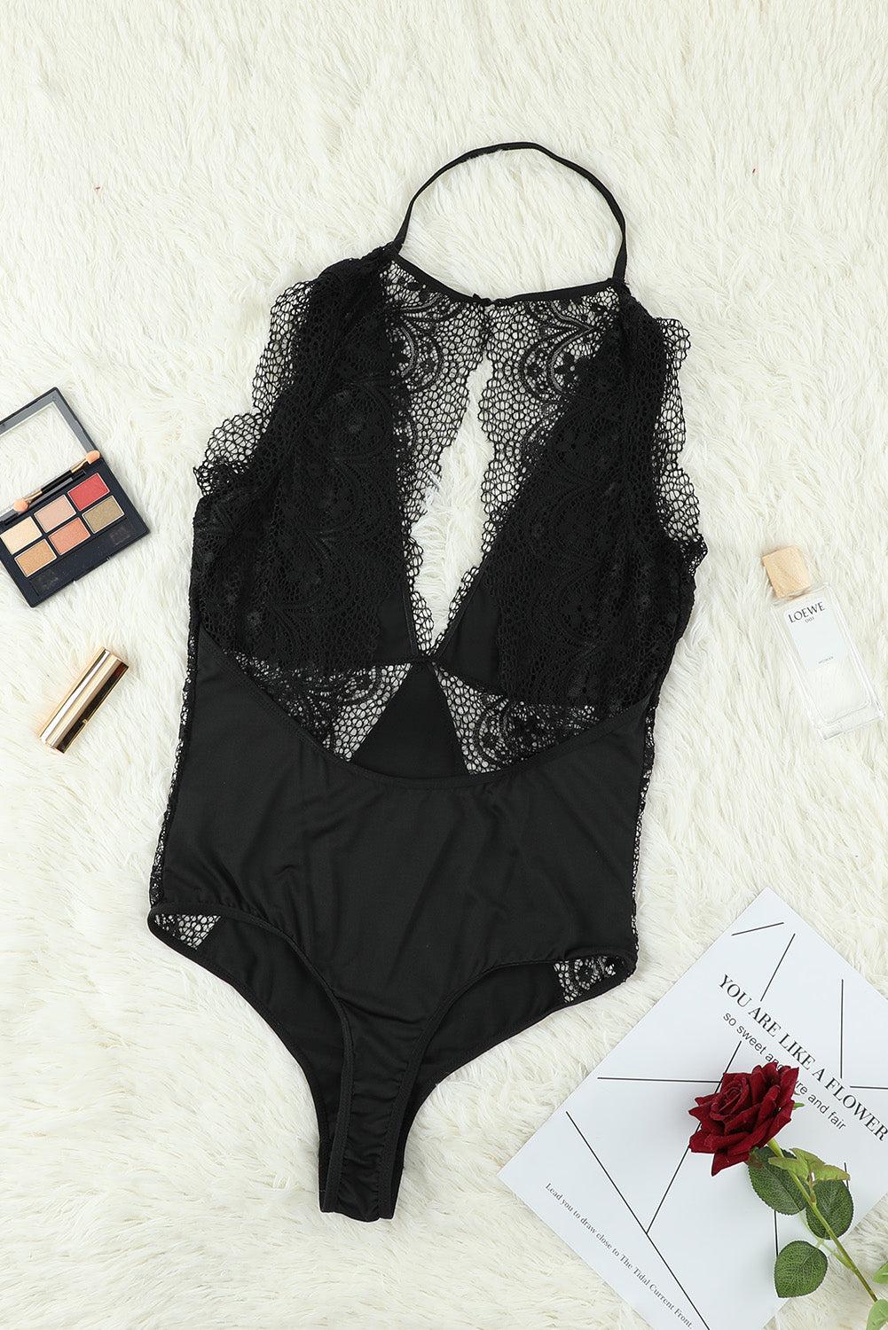 Sleeveless Black V Neck Crochet Lace Splicing Backless Bodysuit