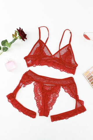 Conjunto de bralette de encaje de malla de crochet rojo