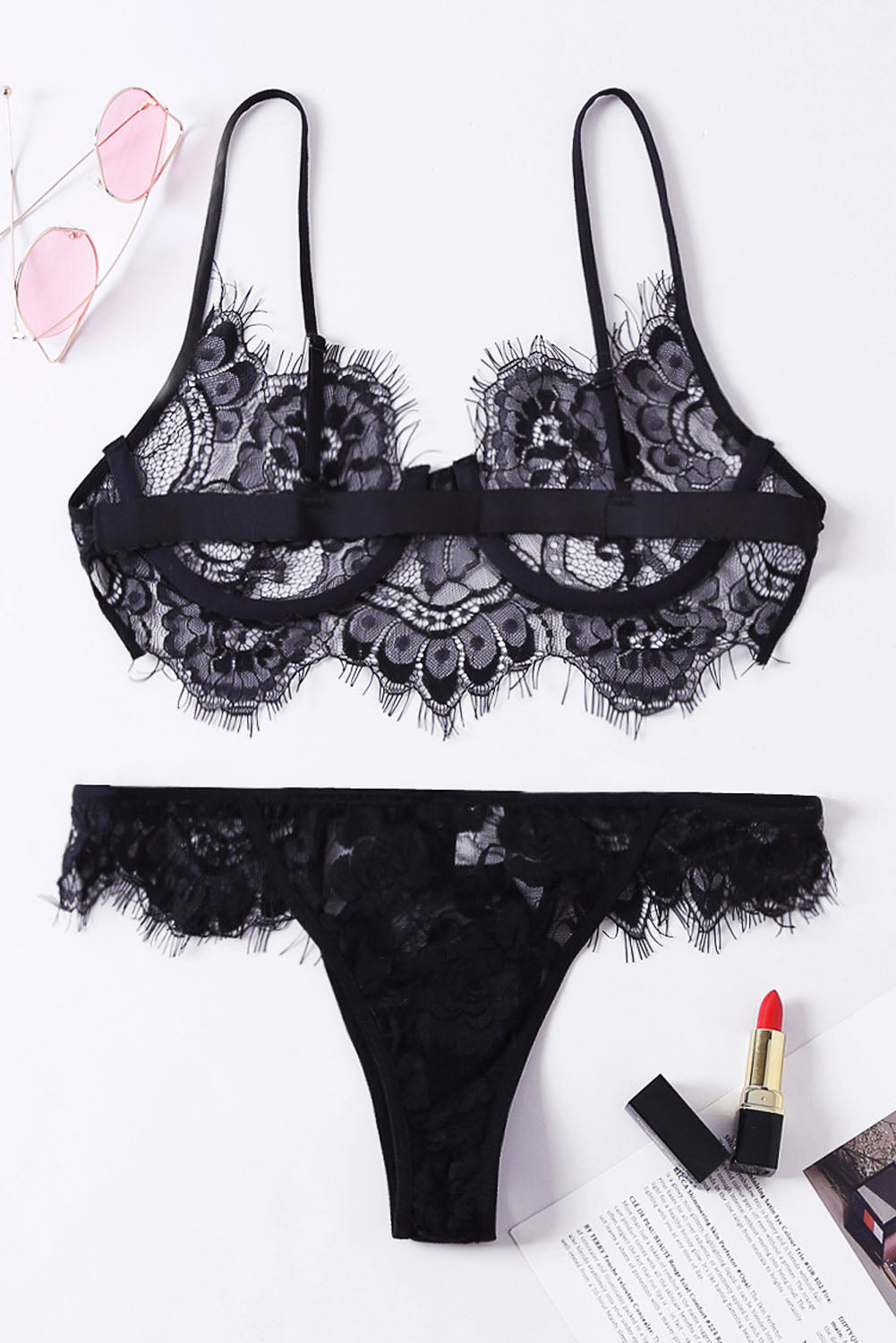 Conjunto de 2 bralettes de lencería con encaje de pestañas negras