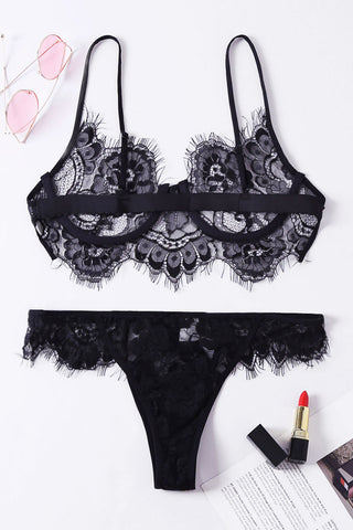 Conjunto de 2 bralettes de lencería con encaje de pestañas negras