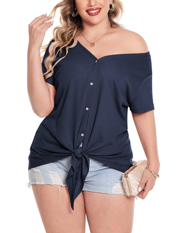 Blusa túnica de punto gofre con nudo anudado y manga corta 