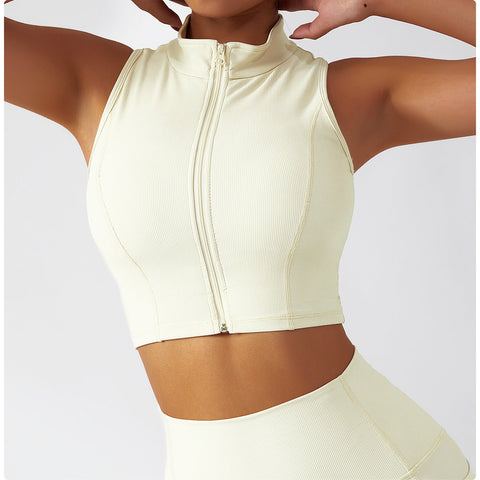 Ribbed Knit Zip Front Yoga Tank Top