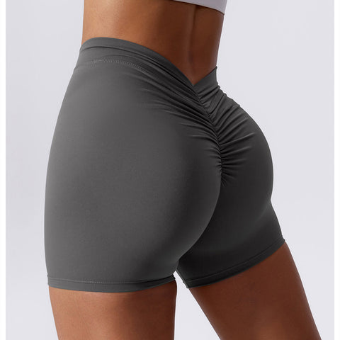 Hoch taillierte, V-förmige, gerüschte Yoga-Shorts