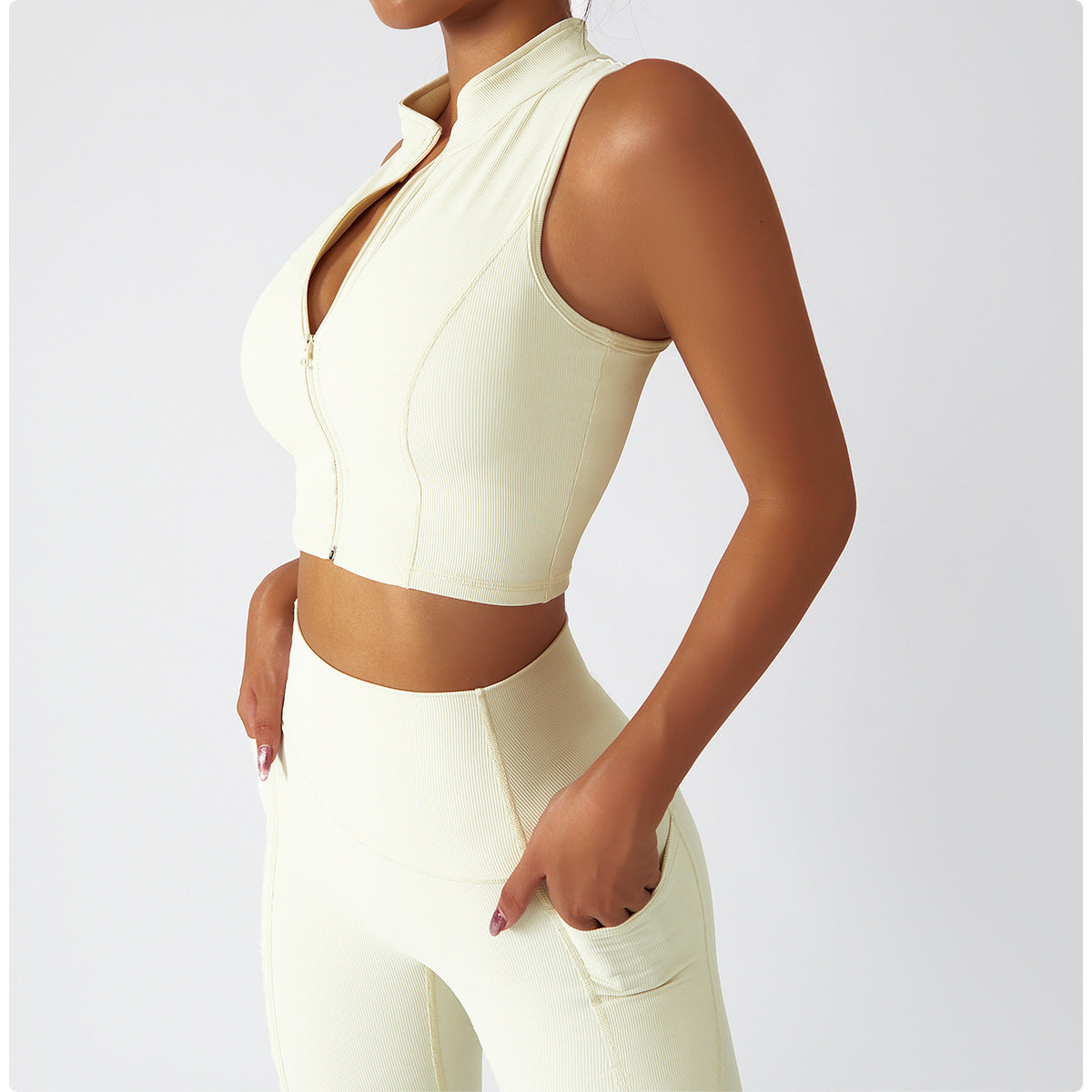 Ribbed Knit Zip Front Yoga Tank Top