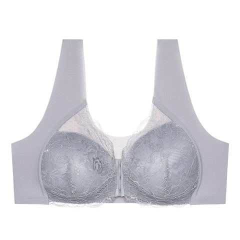 Plus Size Front Close Push Up Lace Wireless Bra LightGray