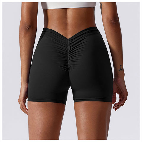 Hoch taillierte, V-förmige, gerüschte Yoga-Shorts