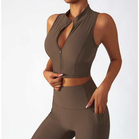 Ribbed Knit Zip Front Yoga Tank Top