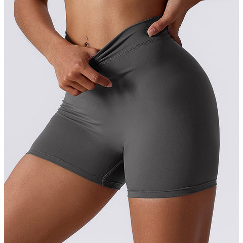 Hoch taillierte, V-förmige, gerüschte Yoga-Shorts